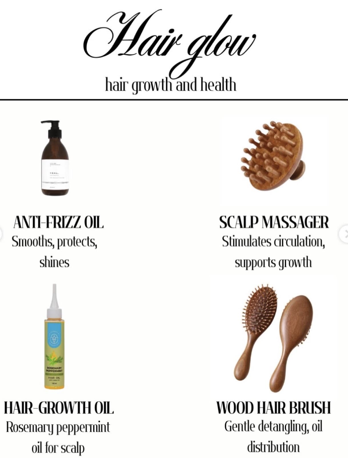 A hair oil bottle, wooden scalp massager, rosemary oil and wooden brushes on white